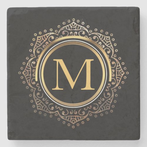 Elegant Monogram Initial  Black Gold Monogrammed Stone Coaster