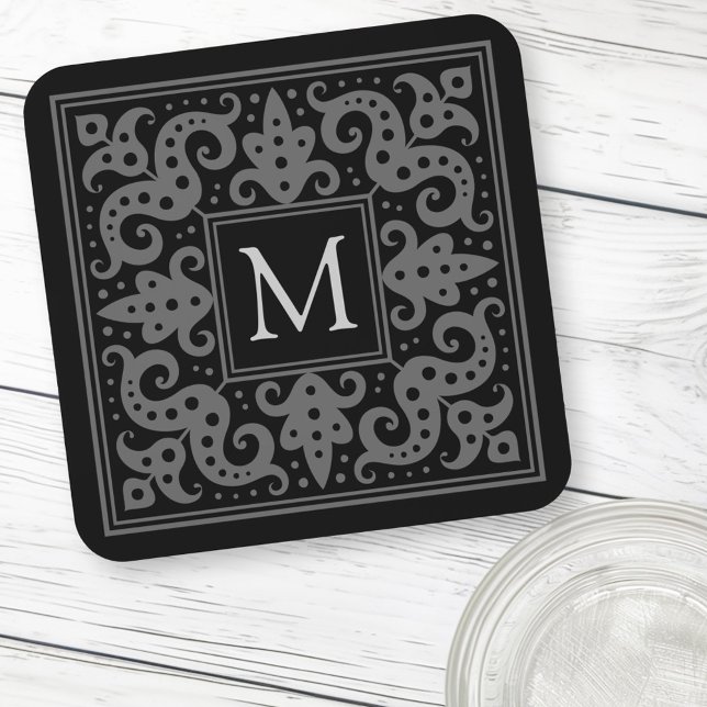Elegant monogram initial black gray ornate border beverage coaster (Elegant monogram initial black gray ornate border beverage coaster)