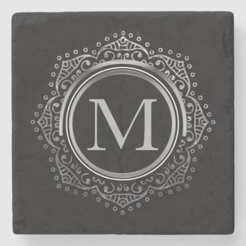 Elegant Monogram Initial Black Silver Monogrammed Stone Coaster