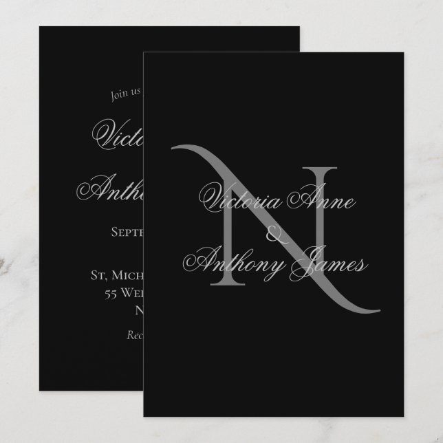 Elegant Monogram Initial Black Wedding Invitation (Front/Back)
