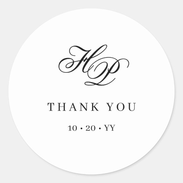 Elegant Monogram Initial Black & White Wedding Classic Round Sticker (Front)