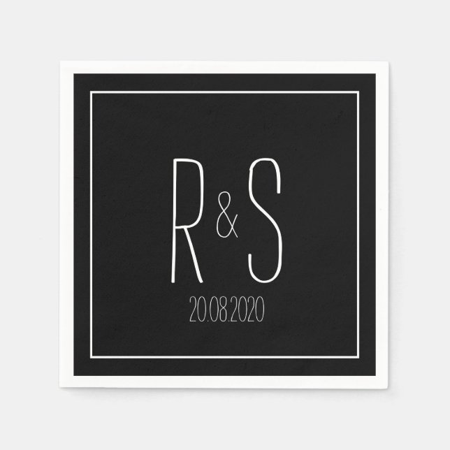 Elegant Monogram Initial Black white Wedding Party Napkins (Front)