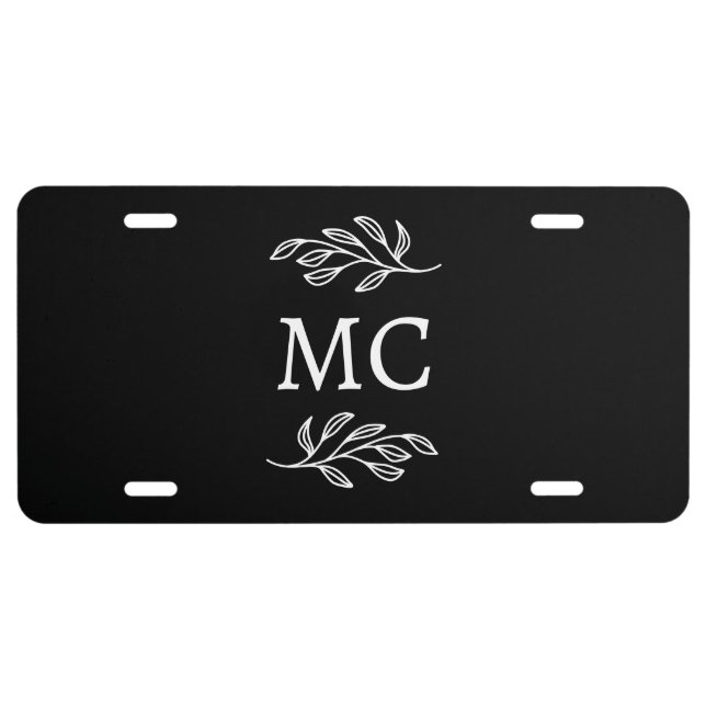 Elegant Monogram Initial Crest Botanical Leaf License Plate (Front)