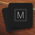 Elegant monogram initial double gray border black  beverage coaster<br><div class="desc">Coasters featuring your monogram initial in white inside a square,  dark gray double border on a black background.</div>