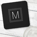 Elegant monogram initial double gray border black  beverage coaster<br><div class="desc">Coasters featuring your monogram initial in white inside a square,  dark gray double border on a black background.</div>