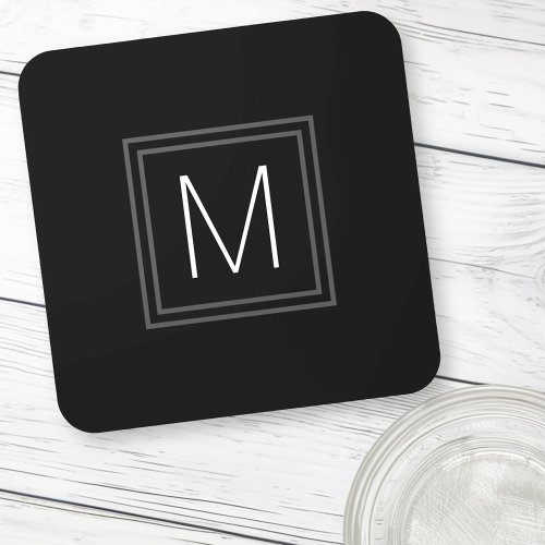 Elegant monogram initial double gray border black  beverage coaster