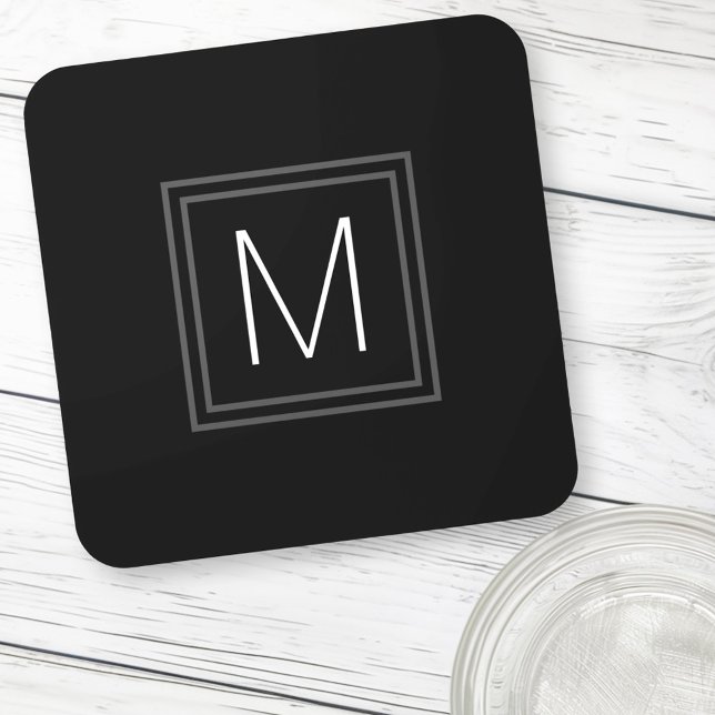 Elegant monogram initial double gray border black  beverage coaster (Elegant monogram initial double gray border black beverage coaster)