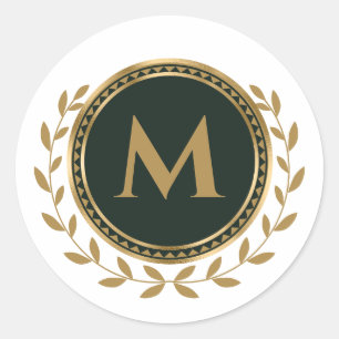 Elegant Monogram Initial Faux gold Green Classic Round Sticker