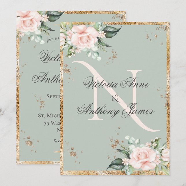 Elegant Monogram Initial Floral Sage Gold Wedding Invitation (Front/Back)