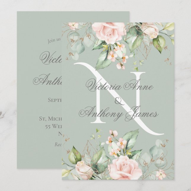 Elegant Monogram Initial Floral Sage Green Wedding Invitation (Front/Back)