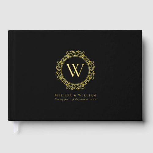 Elegant Monogram Initial Gold Foil Black Wedding  Foil Guest Book