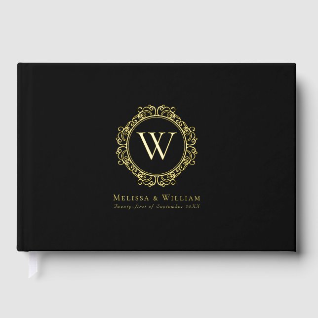 Elegant Monogram Initial Gold Foil Black Wedding  Foil Guest Book (Front)