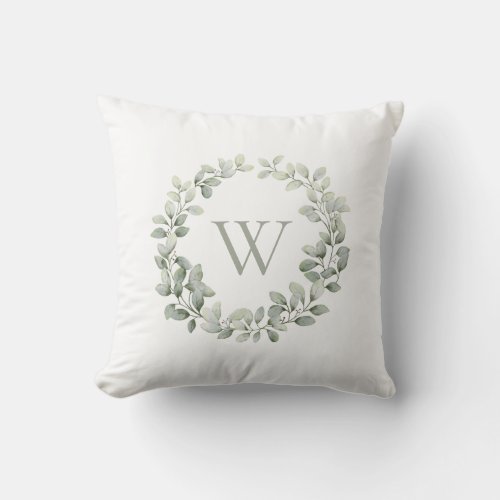 Elegant Monogram Initial Greenery Sage Foliage Throw Pillow