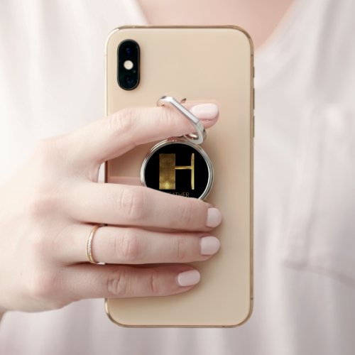 Elegant Monogram Initial H Add Name Black and Gold Phone Ring Stand