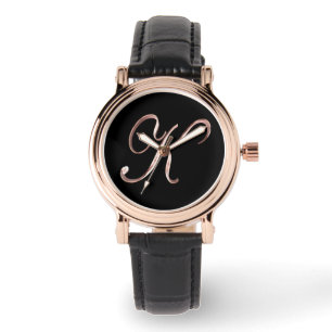 Elegant Monogram Initial K Black Rose Gold Watch