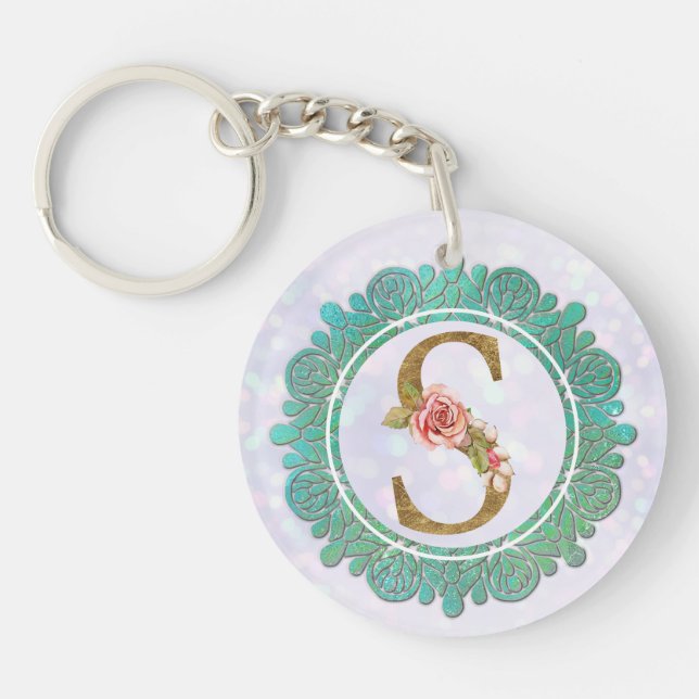 Elegant Monogram Initial Letters with Mandala Keychain (Front)