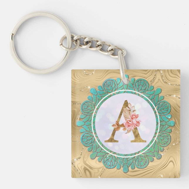 Elegant Monogram Initial Letters with Mandala Keychain (Front)