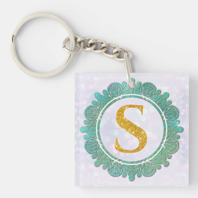 Elegant Monogram Initial Letters with Mandala Keychain (Front)