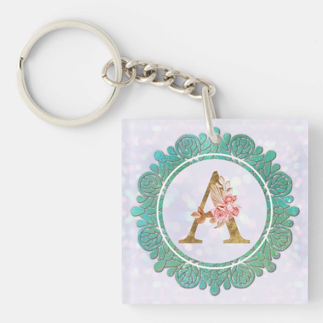 Elegant Monogram Initial Letters with Mandala Keychain (Front)