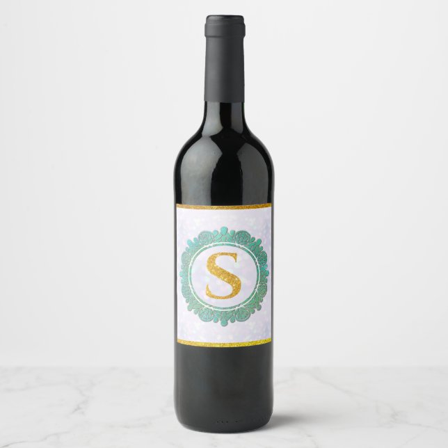 Elegant Monogram Initial Letters with Mandala Wine Label (Front)