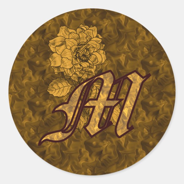 Elegant Monogram Initial M Gold Peony Flower Classic Round Sticker (Front)