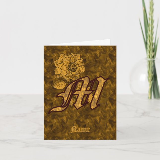 Elegant Monogram Initial M Gold Peony Personalized Note Card (Front)