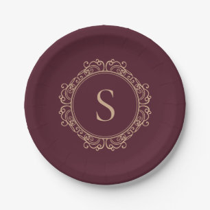 Elegant Monogram Initial Modern Classic Burgundy Paper Plates