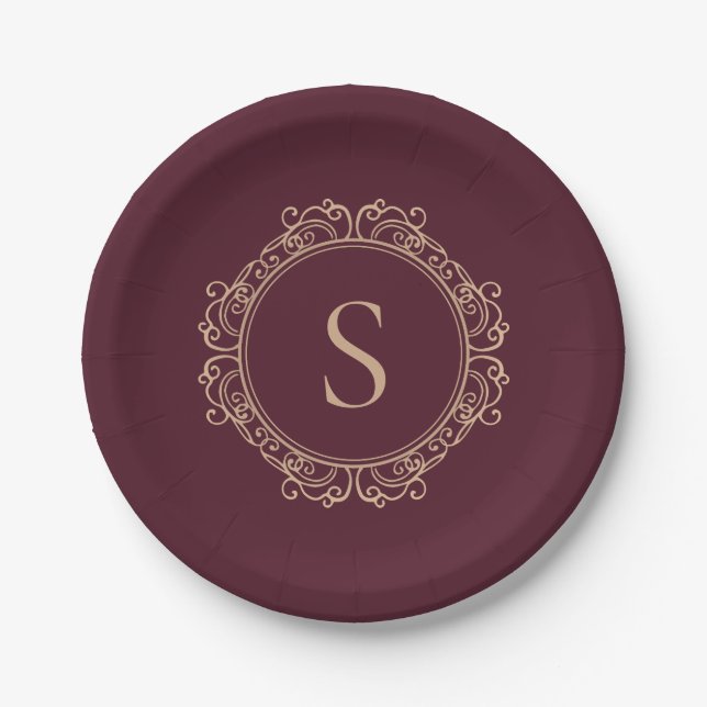Elegant Monogram Initial Modern Classic Burgundy Paper Plates (Front)