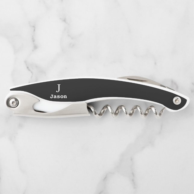 Elegant Monogram Initial Name Personalized Black Waiter's Corkscrew (Front)