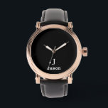 Elegant Monogram Initial Name Personalized Black Watch<br><div class="desc">Modern simple masculine stylish with black and white trendy typography (changeable colors). Personalized gift for him: dad, father, husband, son, boyfriend, groom, best man, groomsmen</div>