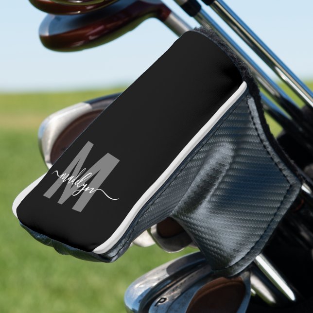 Elegant Monogram Initial Name Personalized Golf Head Cover (Black White Monogram Golf Head Cover )
