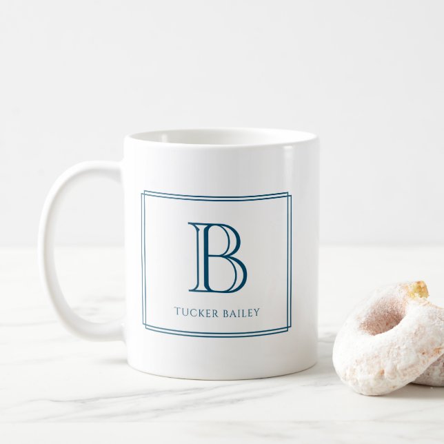 Elegant Monogram Initial Navy Blue Border Coffee Mug (With Donut)