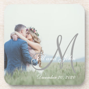Elegant Monogram Initial Photo Wedding Beverage Coaster