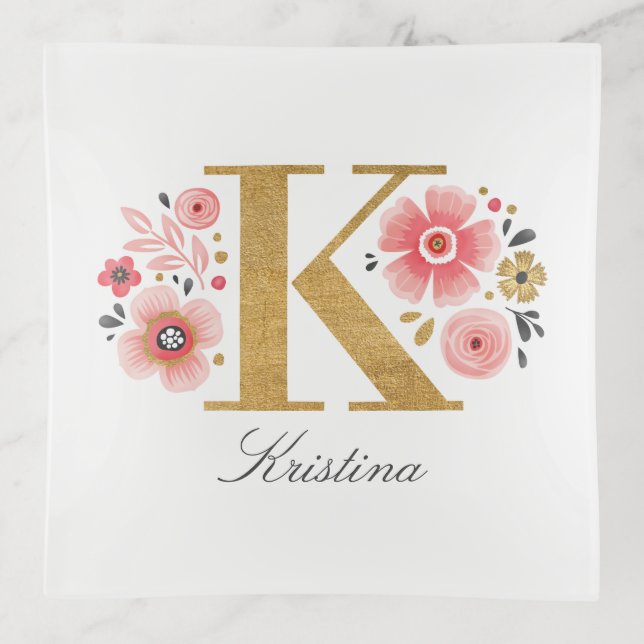 Elegant Monogram Initial Pink Gold Letter K Trinket Tray (Front)