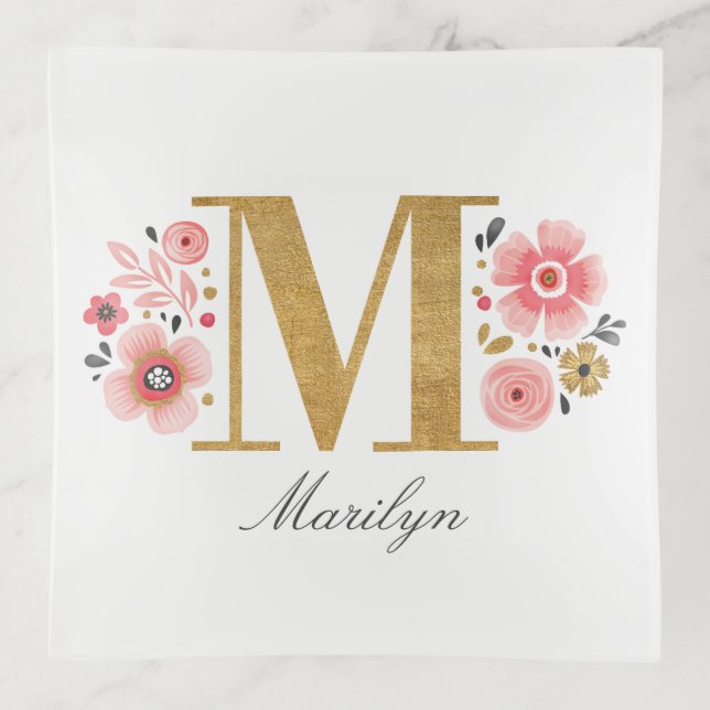 Elegant Monogram Initial Pink Gold Letter M Trinket Tray (Front)