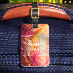 Elegant Monogram Initial Pink Marbel Luggage Tag