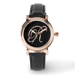 Elegant Monogram Initial R Black Rose Gold Watch