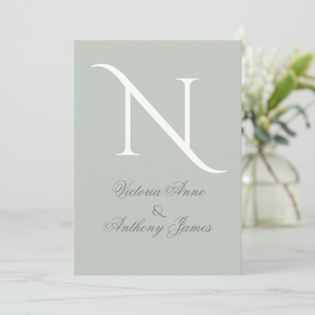 Elegant Monogram Initial Sage Green Wedding  Invitation (Standing Front)