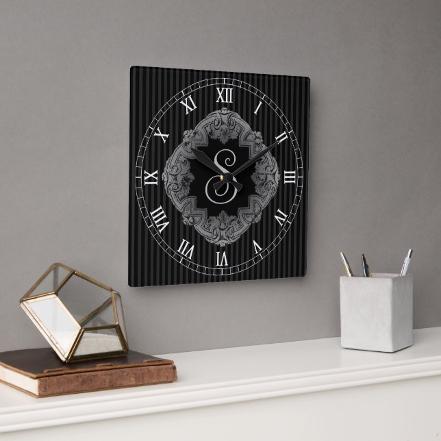Elegant, Monogram Initial Square Wall Clock (Office)
