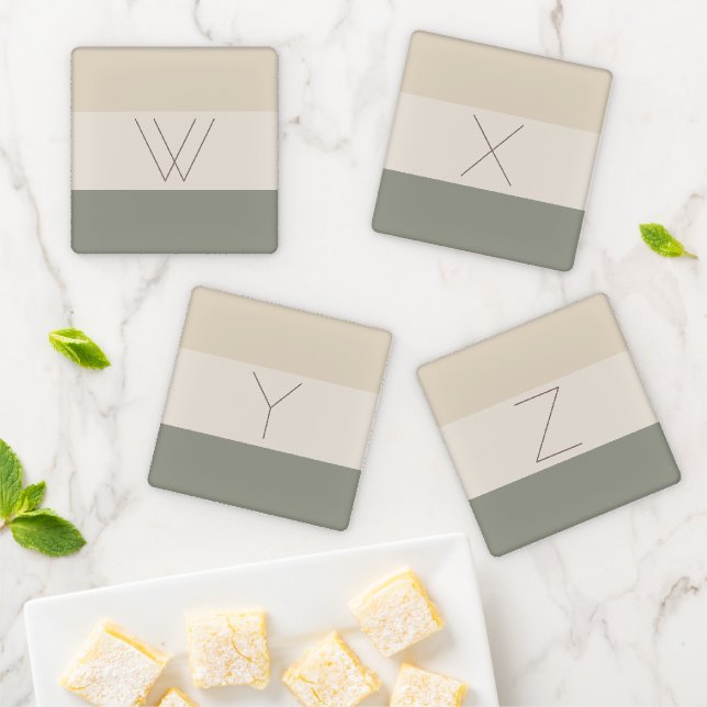 Elegant Monogram Initial Stylish Green Beige Brown Coaster Set (In Situ)