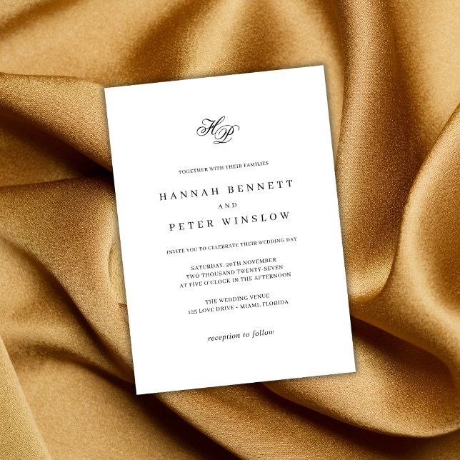 Elegant Monogram Initial White & Black Wedding Invitation (Creator Uploaded)