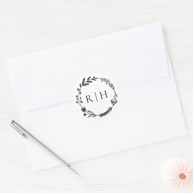 Elegant Monogram | Initial Wreath Wedding Classic Round Sticker (Envelope)