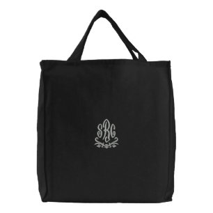Elegant Monogram Initials Black Embroidered Tote Bag