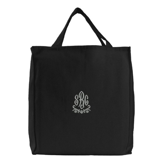 Elegant Monogram Initials Black Embroidered Tote Bag (Front)