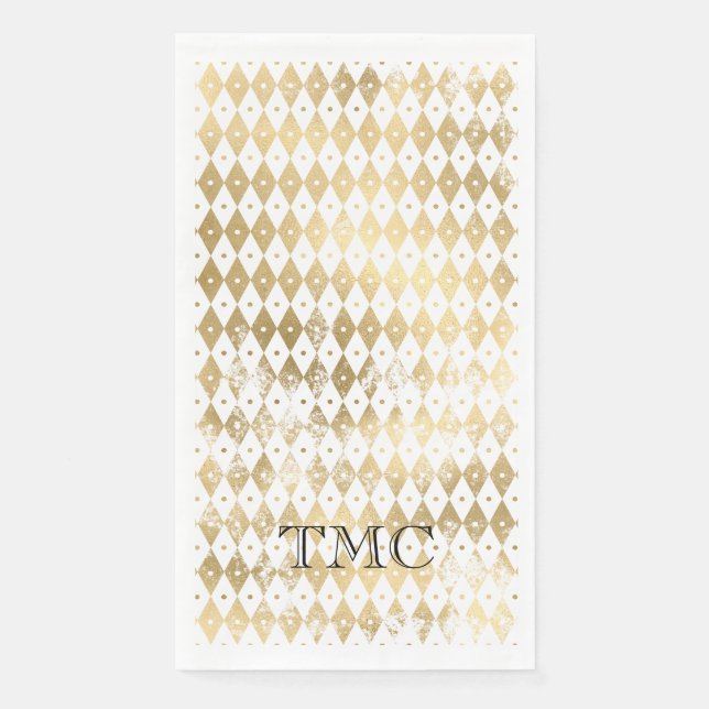 Elegant Monogram Initials Black Gold Harlequin Paper Guest Towels (Front)