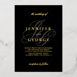 Elegant monogram initials black wedding gold foil invitation