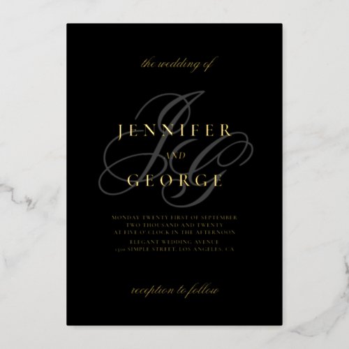 Elegant monogram initials black wedding gold foil invitation