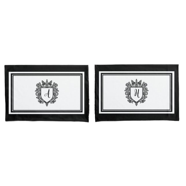 Elegant Monogram Initials Crest Black on White Pillow Case (Front-Set)