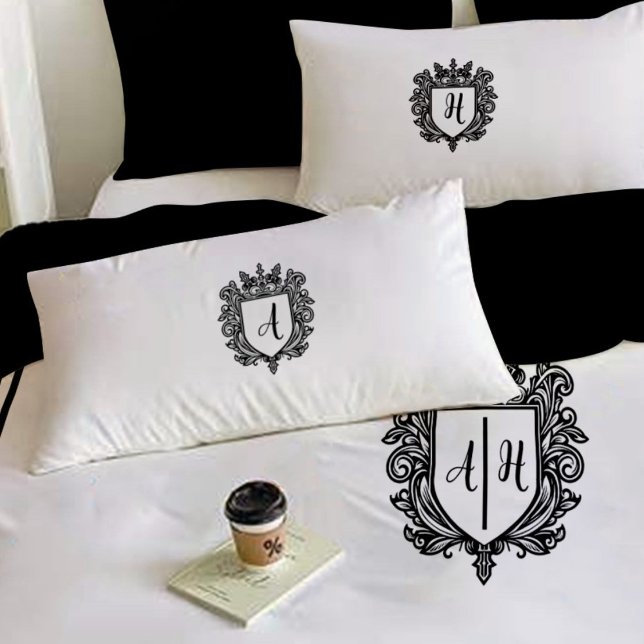 Elegant Monogram Initials Crest Black on White Pillow Case (Creator Uploaded)