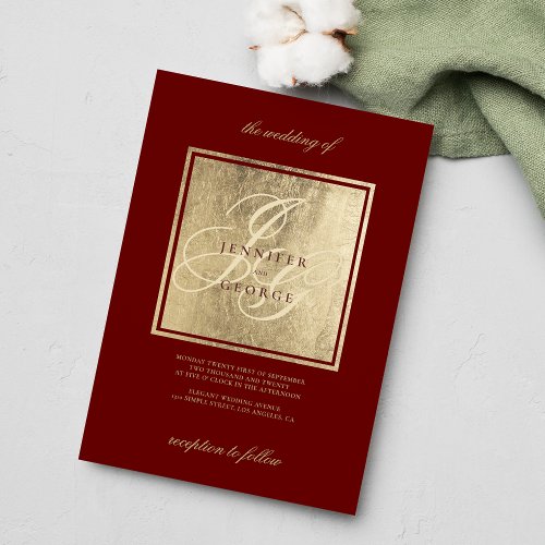 Elegant monogram initials gold burgundy wedding invitation